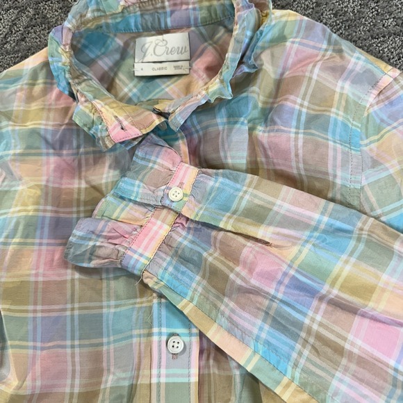J. Crew Tops - J Crew Classic Pastel Plaid Ruffle Collar Silk Cotton Blend Button Up Shirt 4